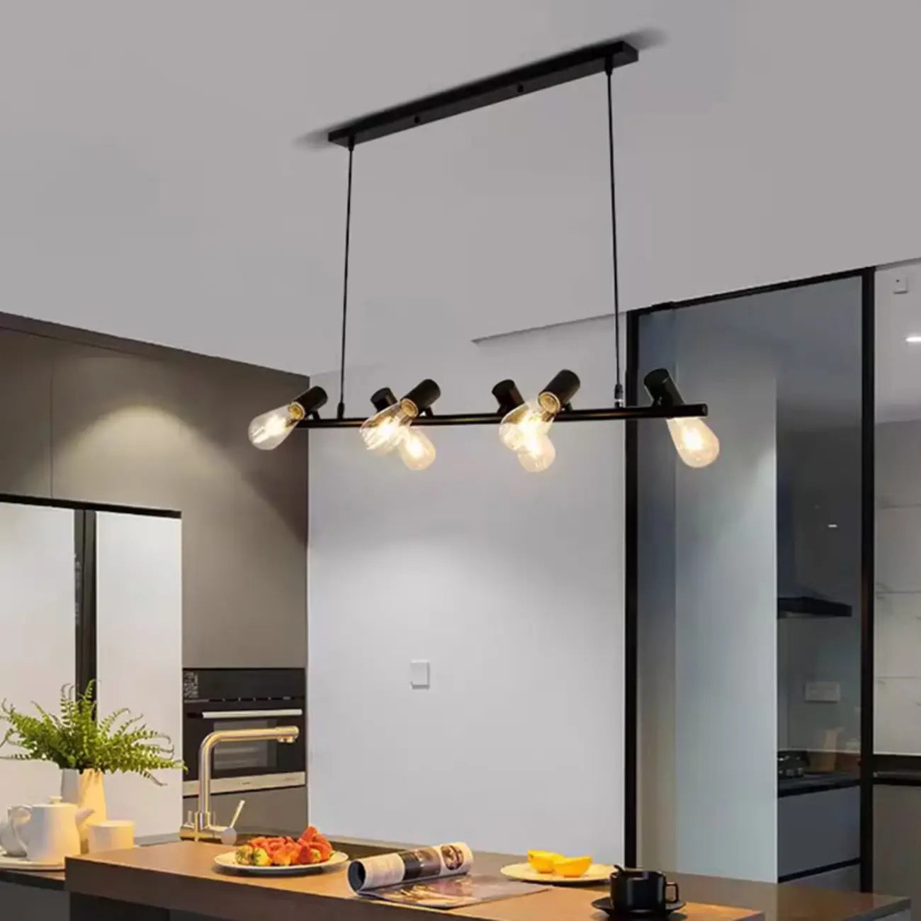 Suspension îlot en métal de style industriel, réglable, pour cuisine.