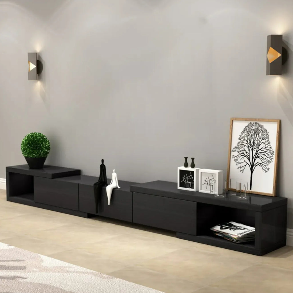 Meuble TV long en bois blanc de 102 pouces avec tiroirs et rangement ouvert