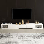 Meuble TV long en bois blanc de 102 pouces avec tiroirs et rangement ouvert