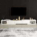 Meuble TV long en bois blanc de 102 pouces avec tiroirs et rangement ouvert