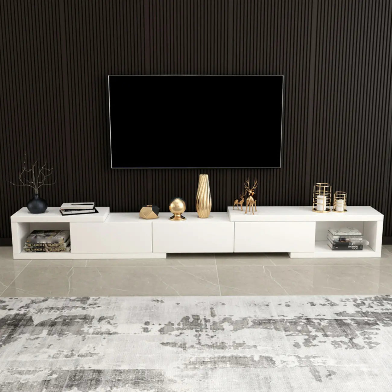 Meuble TV long en bois blanc de 102 pouces avec tiroirs et rangement ouvert
