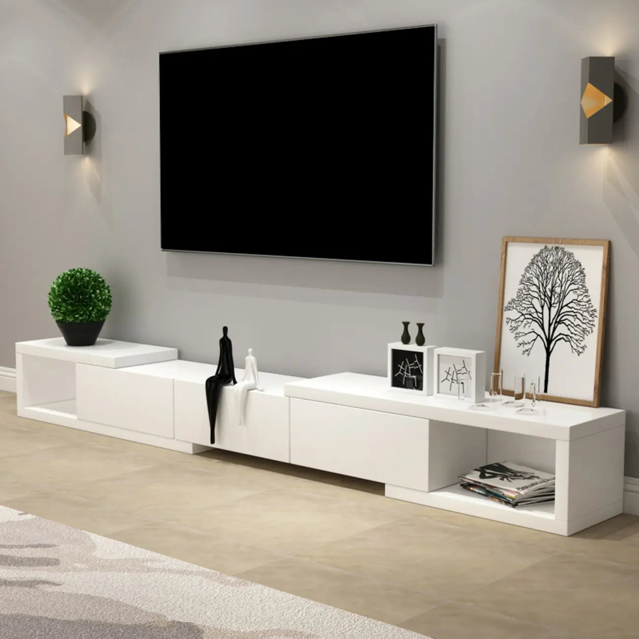Meuble TV long en bois blanc de 102 pouces avec tiroirs et rangement ouvert