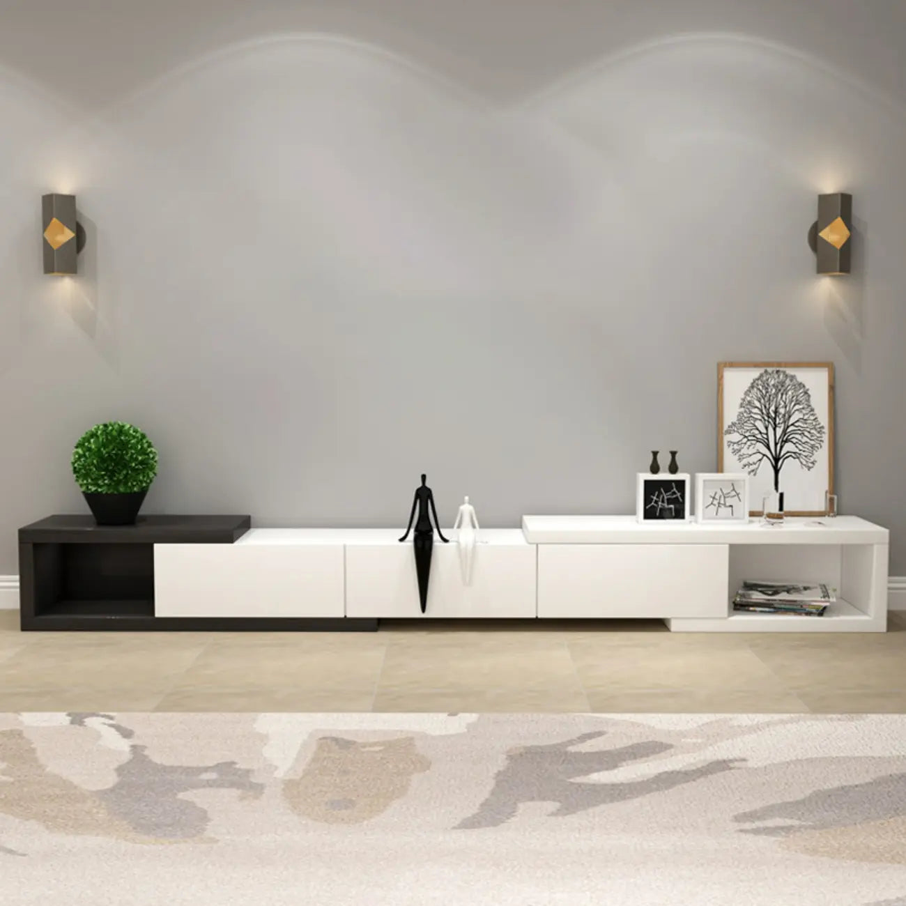 Meuble TV long en bois blanc de 102 pouces avec tiroirs et rangement ouvert