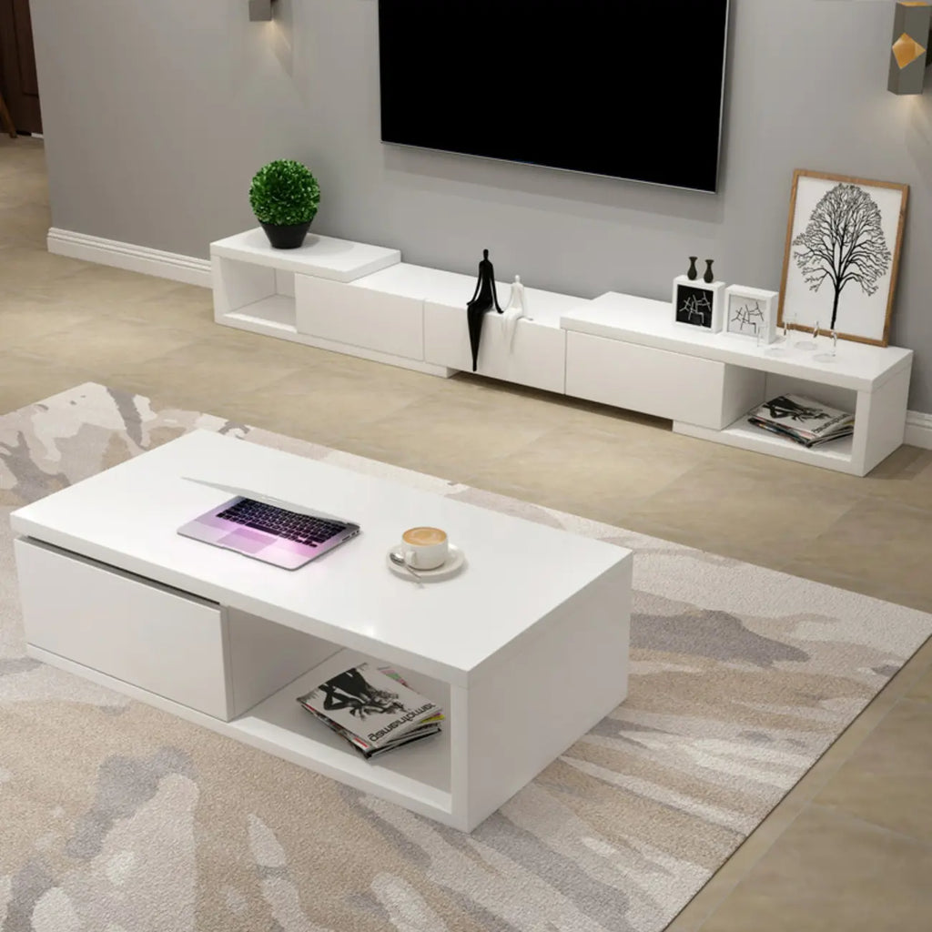 Meuble TV long en bois blanc de 102 pouces avec tiroirs et rangement ouvert