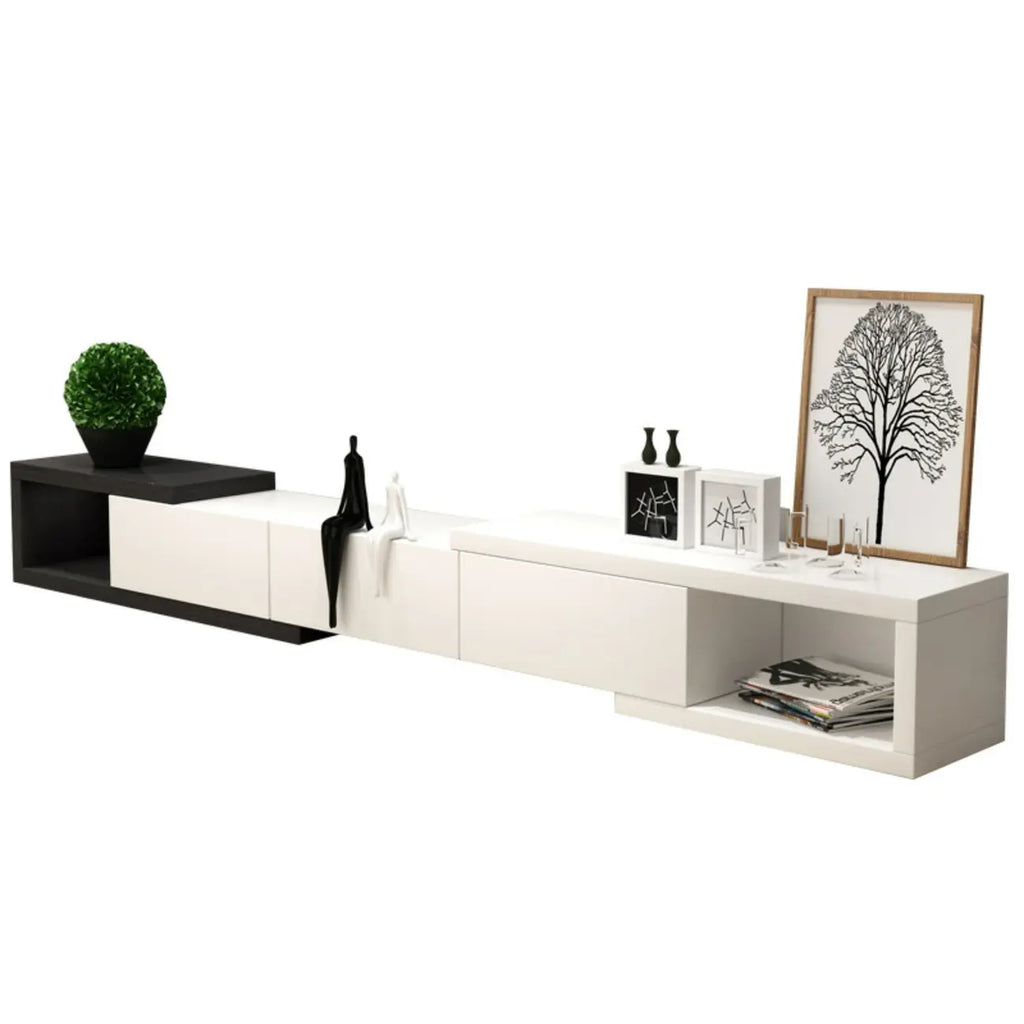 Meuble TV long en bois blanc de 102 pouces avec tiroirs et rangement ouvert