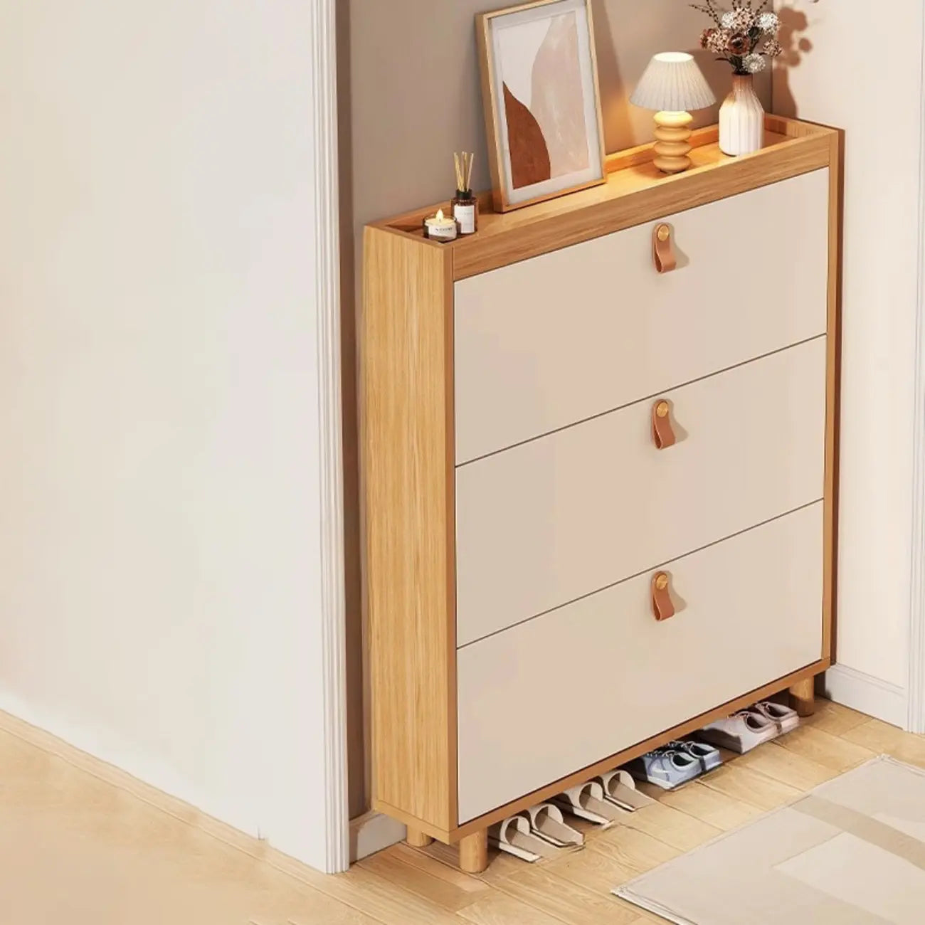 Meuble à chaussures étroit naturel avec portes