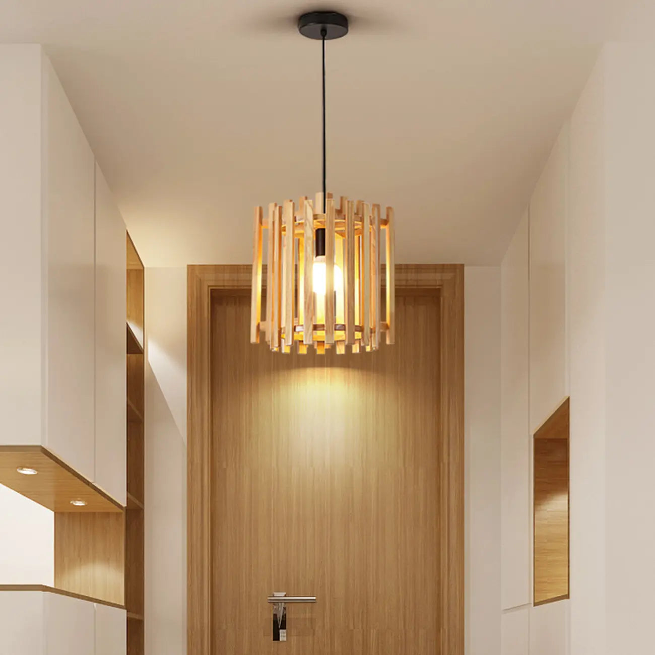 Suspension cylindrique rustique en bois à hauteur réglable