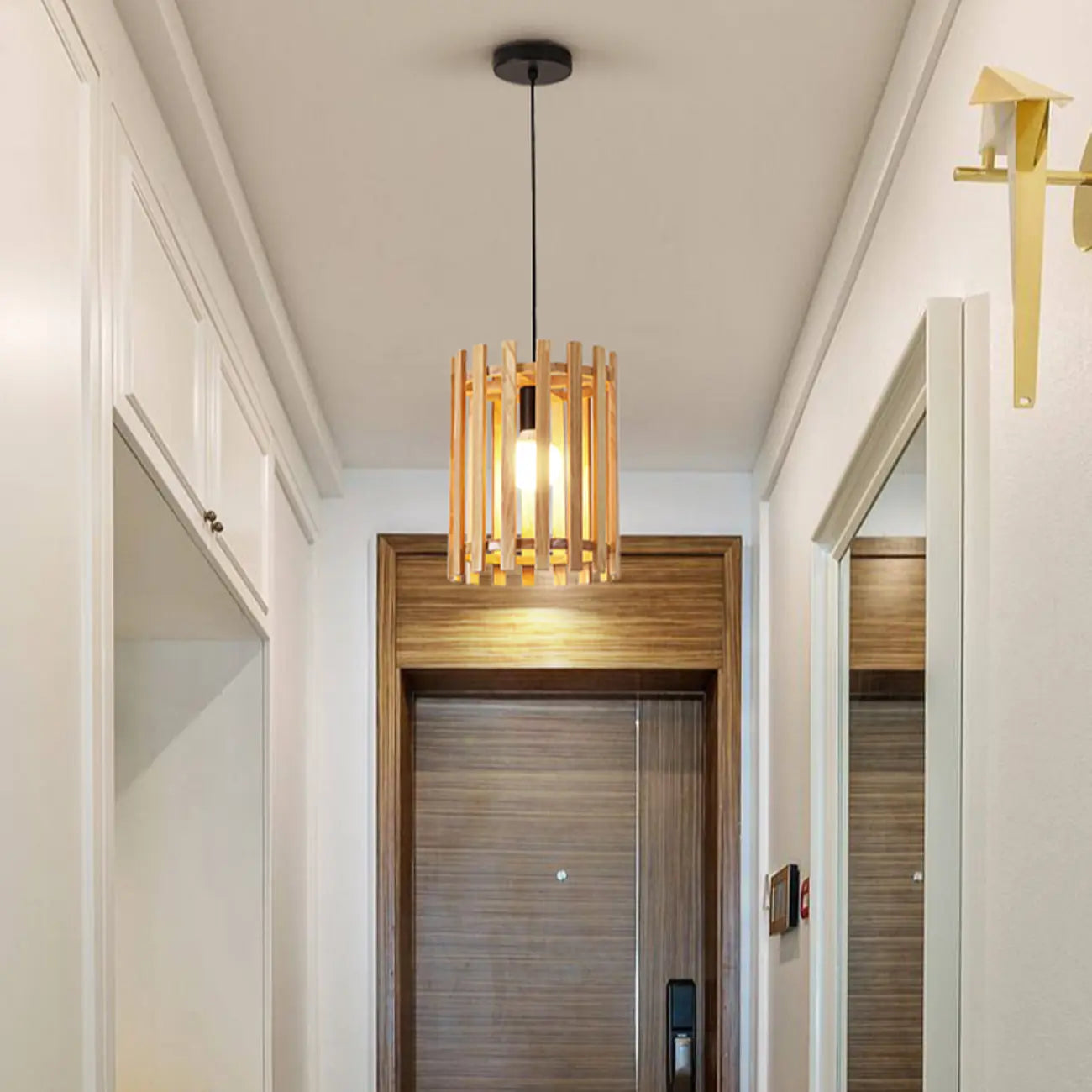 Suspension cylindrique rustique en bois à hauteur réglable