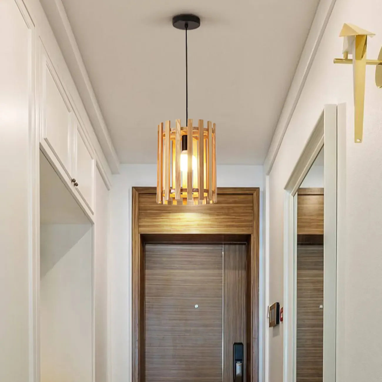 Suspension cylindrique rustique en bois à hauteur réglable