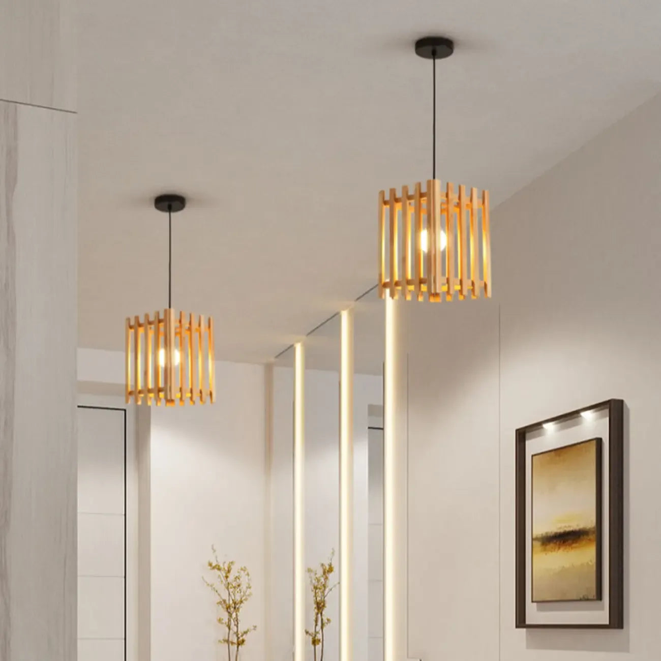 Suspension cylindrique rustique en bois à hauteur réglable