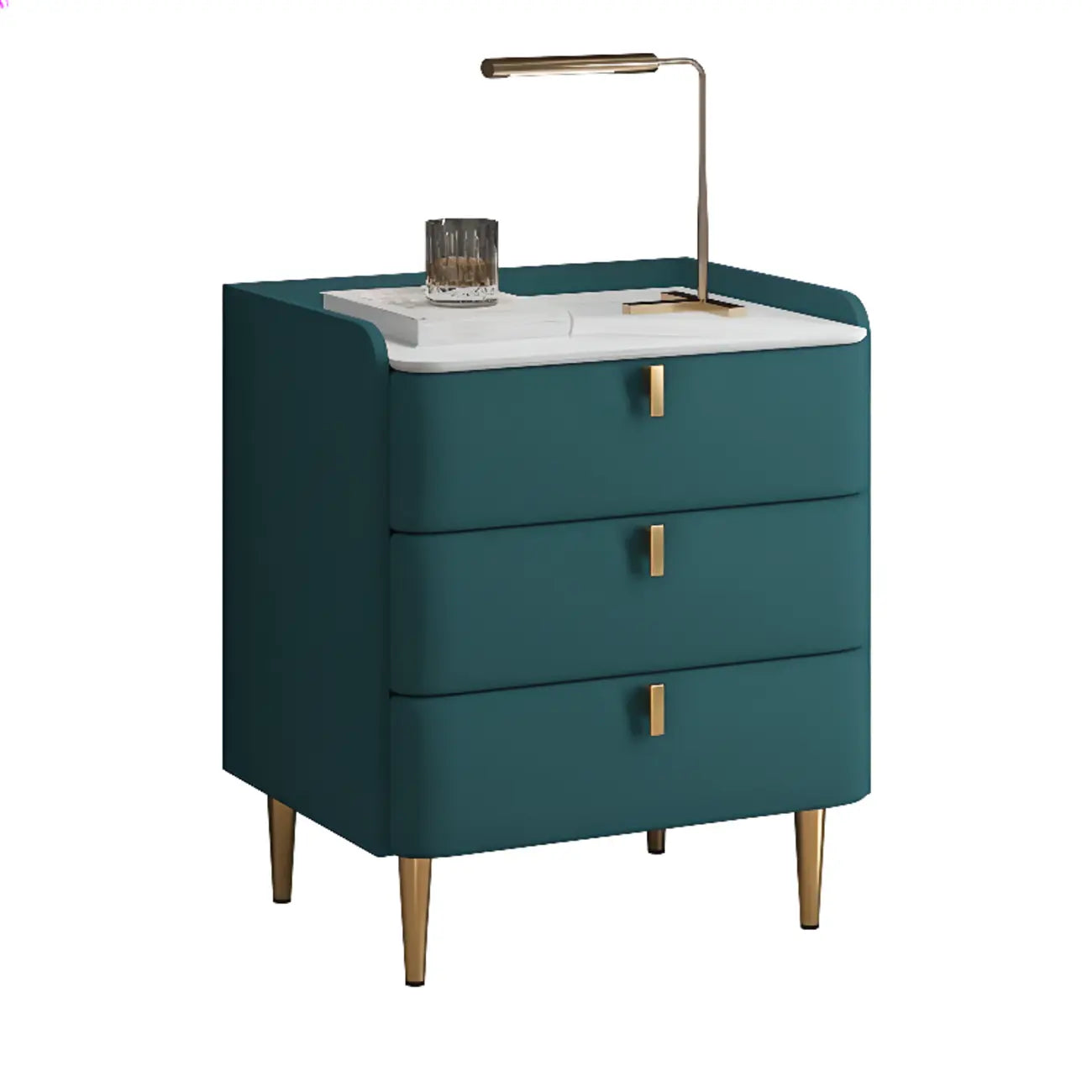 Table de chevet moderne à 3 tiroirs avec plateau en pierre, finitions dorées et revêtement en cuir.