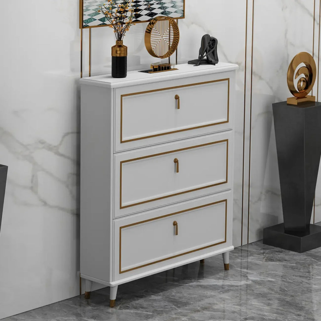 Meuble à chaussures en bois gris avec façade rabattable et étagères réglables