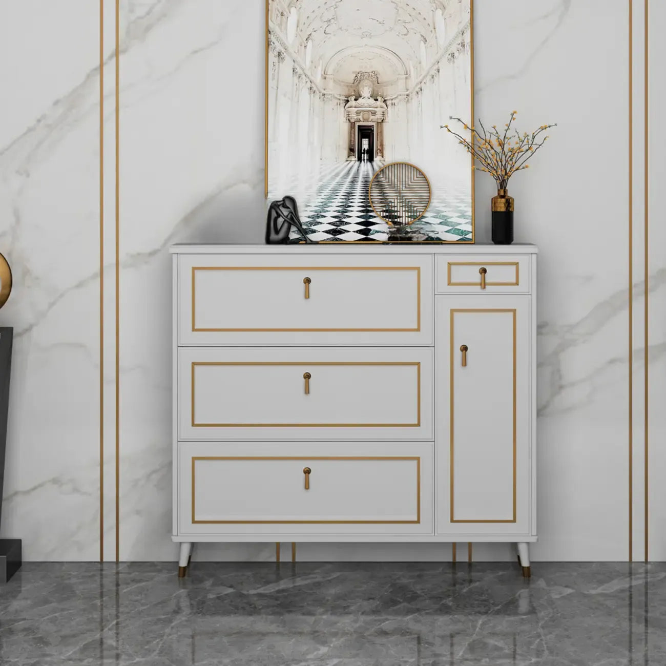 Meuble à chaussures en bois gris avec façade rabattable et étagères réglables