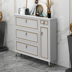 Meuble à chaussures en bois gris avec façade rabattable et étagères réglables