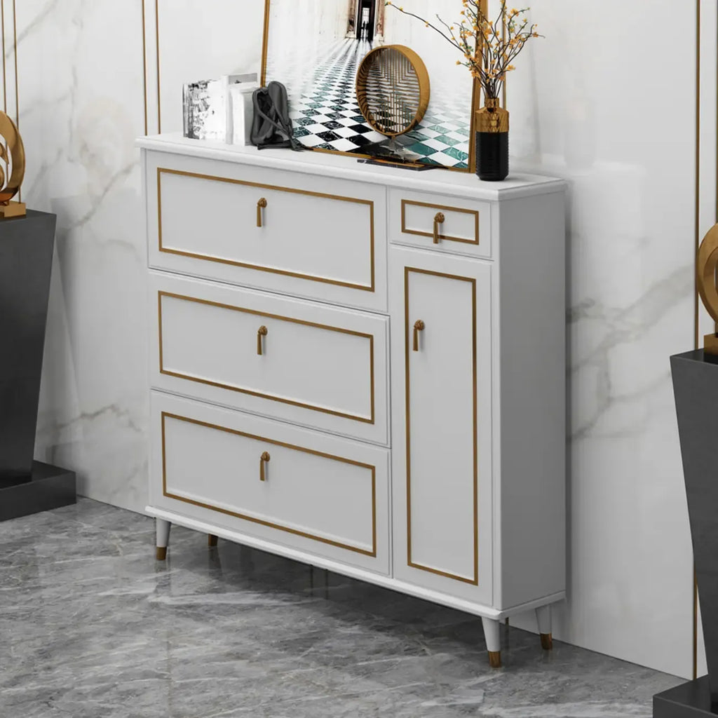 Meuble à chaussures en bois gris avec façade rabattable et étagères réglables