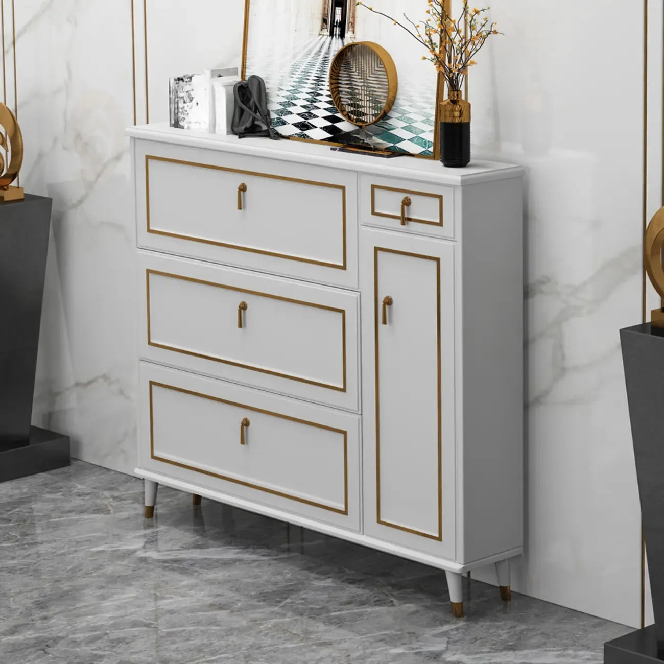 Meuble à chaussures en bois gris avec façade rabattable et étagères réglables