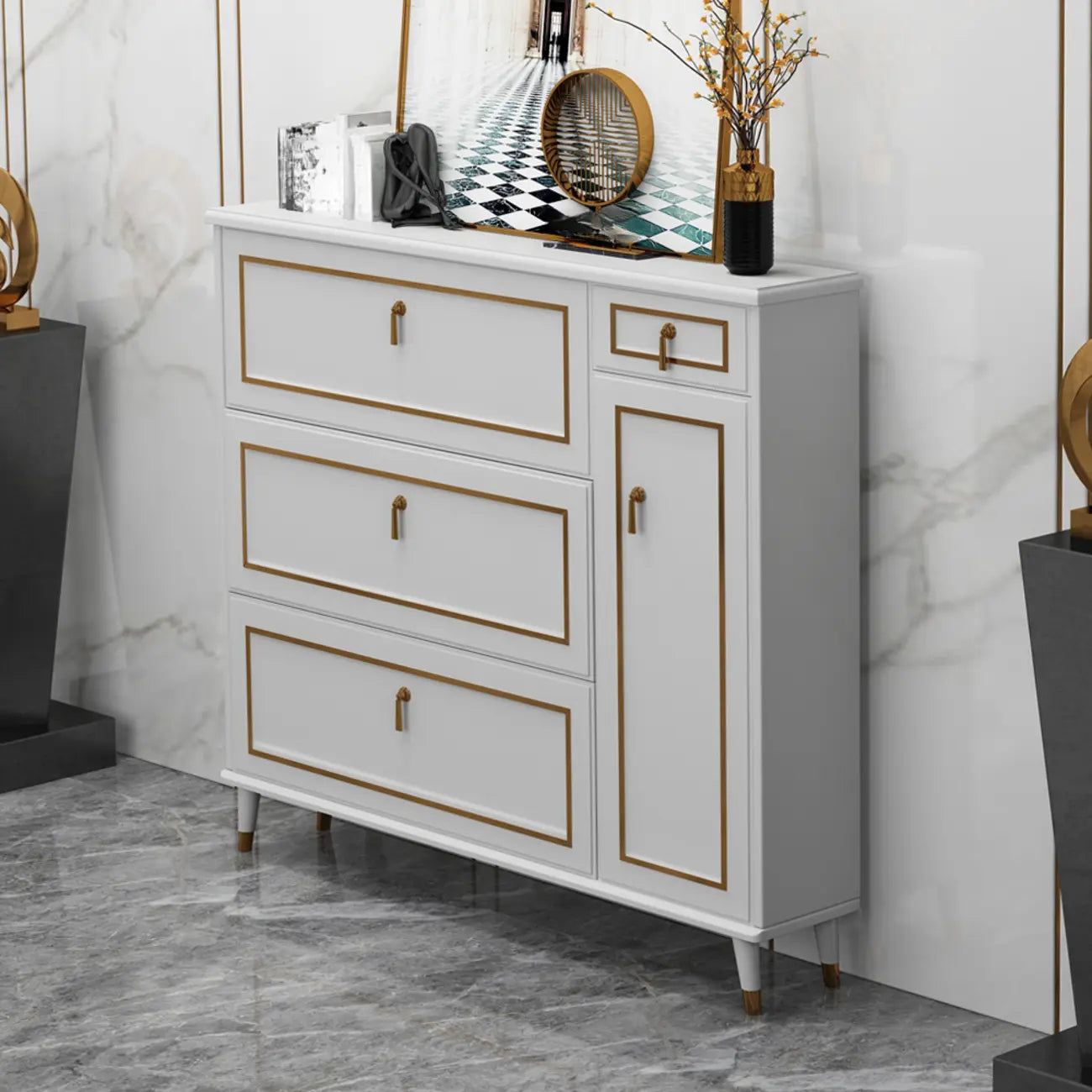 Meuble à chaussures en bois gris avec façade rabattable et étagères réglables