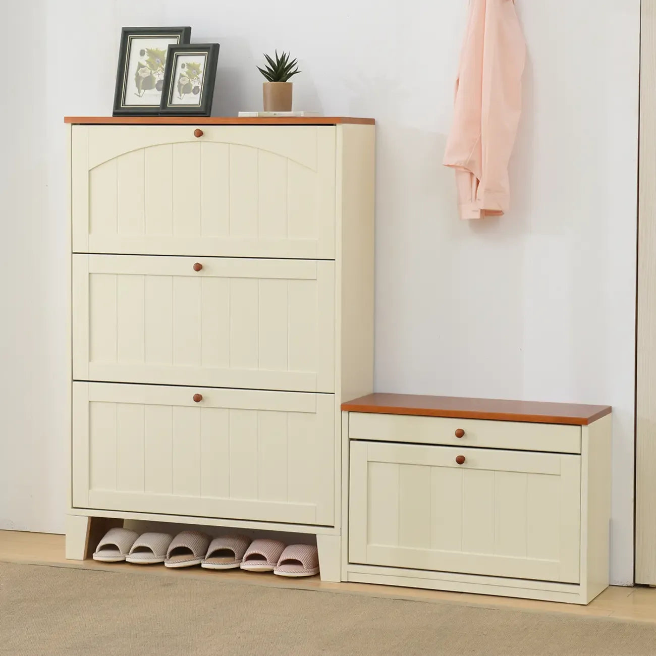 Meuble à chaussures mural en bois blanc/fauve pour entrée