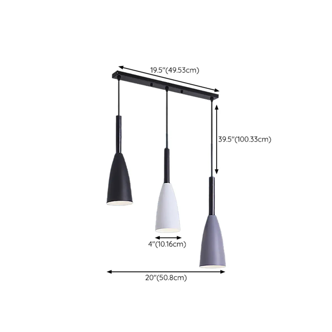 Suspension moderne conique en métal à 3 lumières pour îlot de cuisine