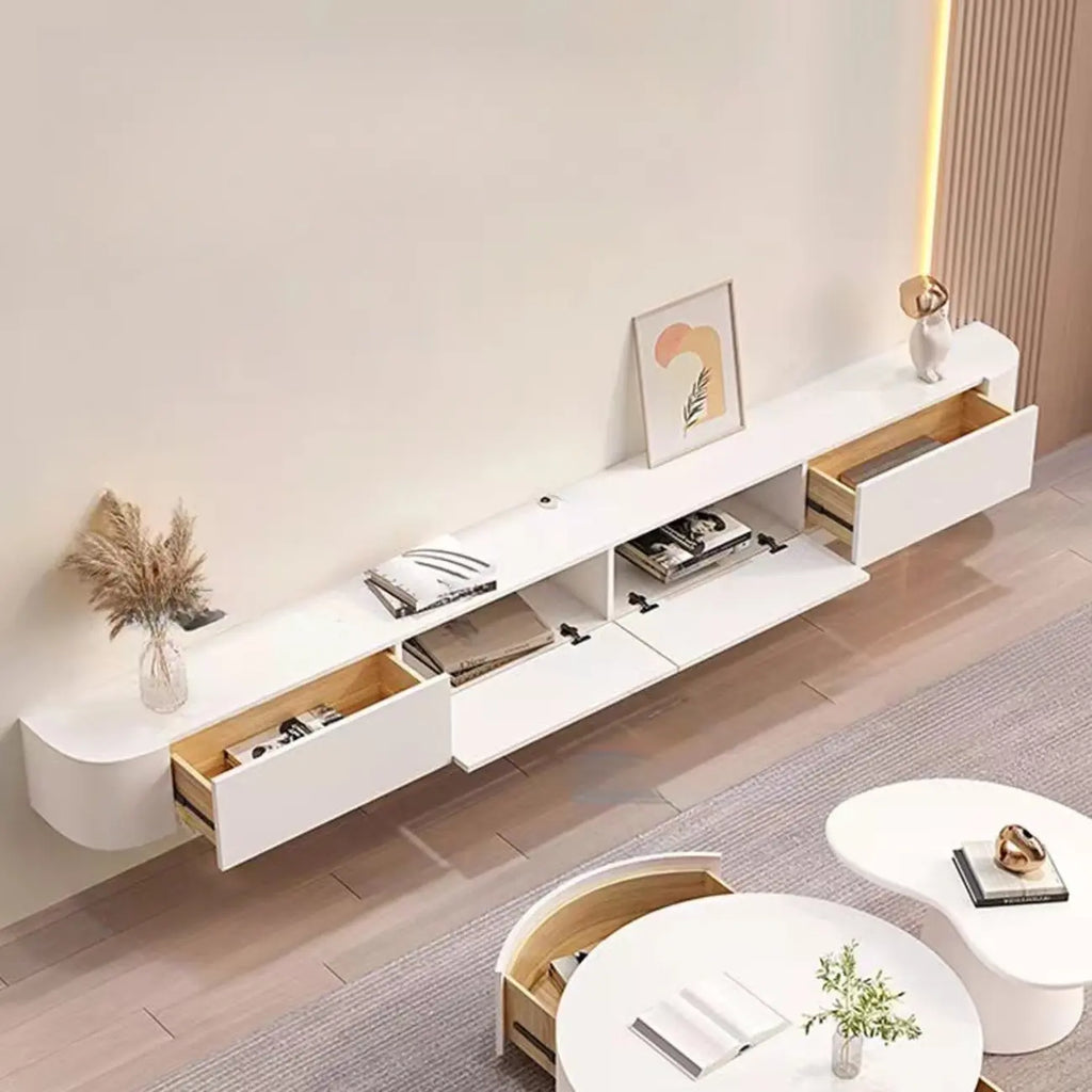 Meuble TV flottant en bois d'hévéa blanc de 55 pouces avec gestion des câbles