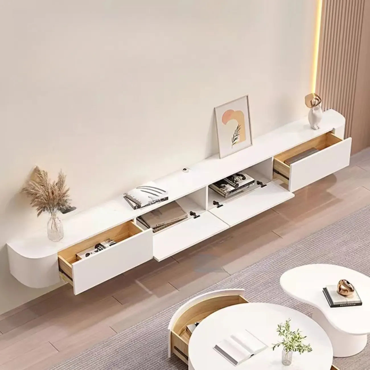 Meuble TV flottant en bois d'hévéa blanc de 55 pouces avec gestion des câbles