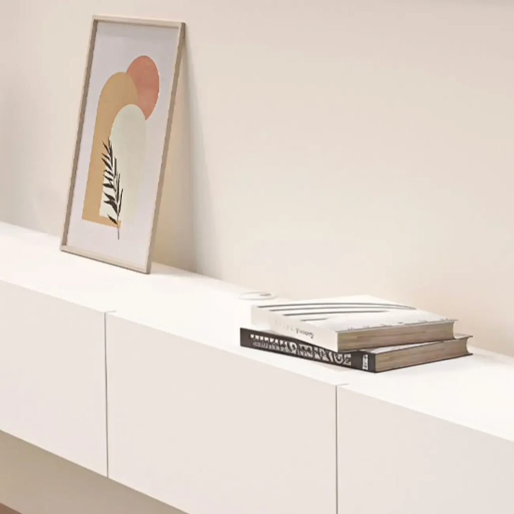 Meuble TV flottant en bois d'hévéa blanc de 55 pouces avec gestion des câbles