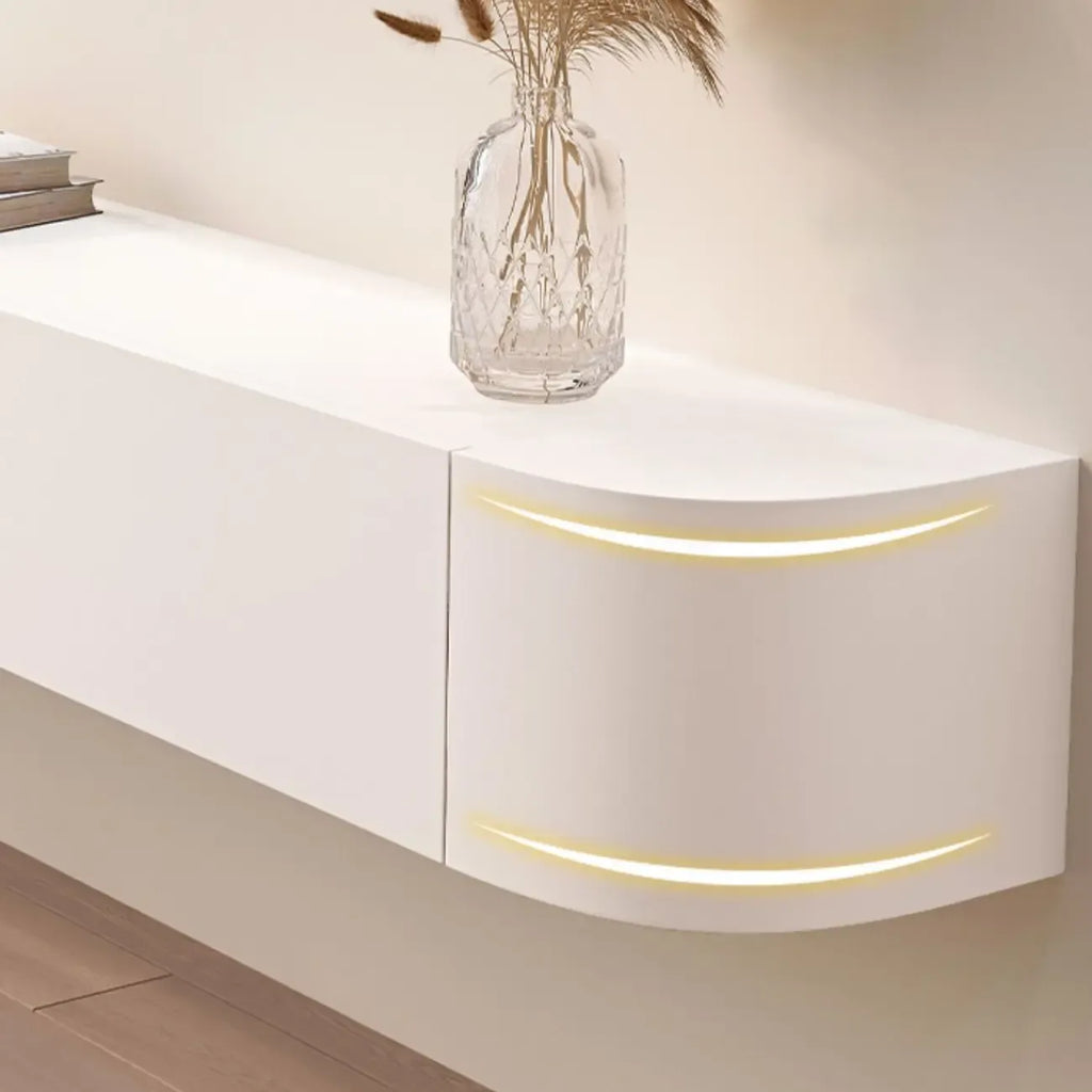 Meuble TV flottant en bois d'hévéa blanc de 55 pouces avec gestion des câbles