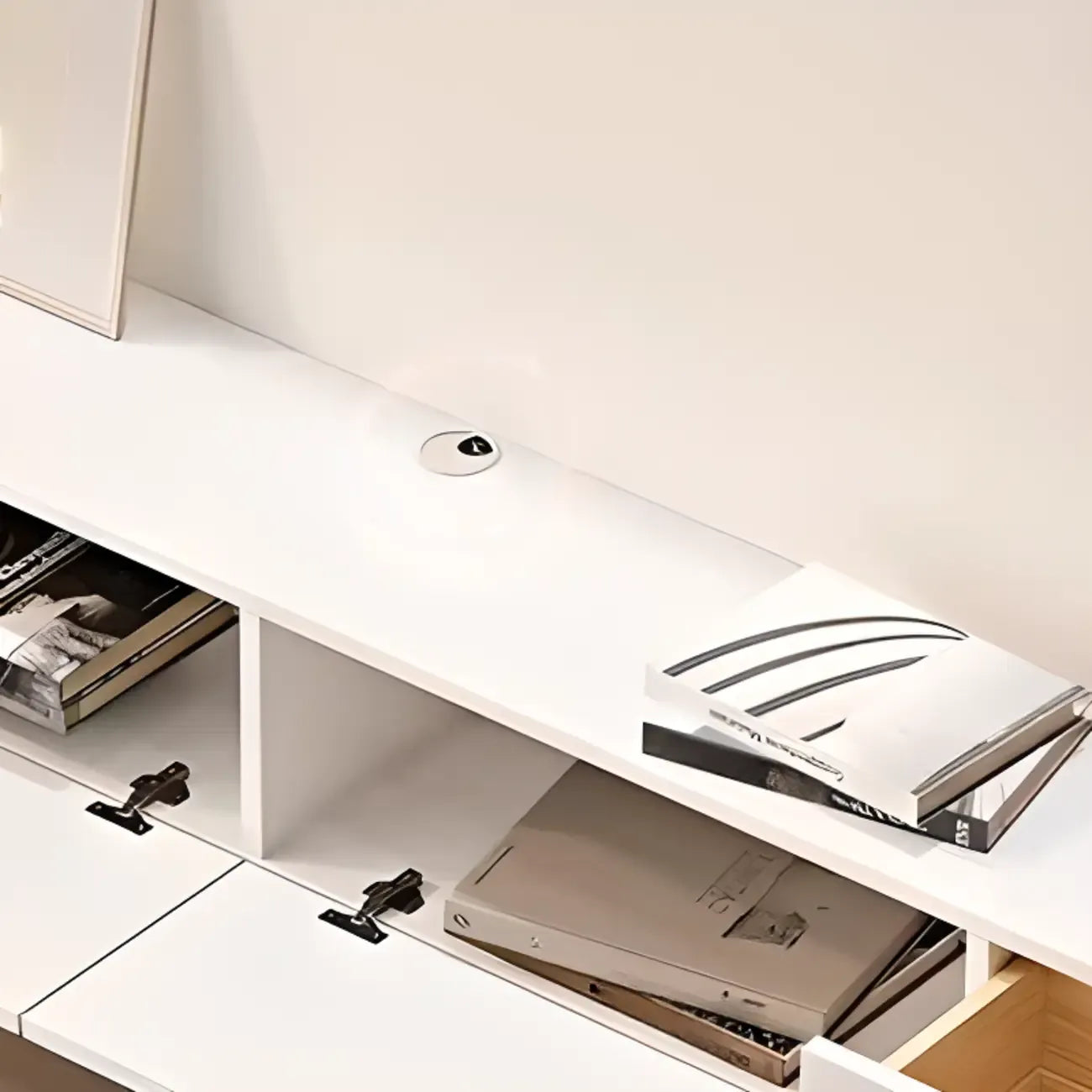 Meuble TV flottant en bois d'hévéa blanc de 55 pouces avec gestion des câbles