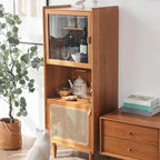 Armoire utilitaire polyvalente à 3 niveaux en bois de cerisier naturel, verre et rotin