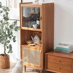 Armoire utilitaire polyvalente à 3 niveaux en bois de cerisier naturel, verre et rotin