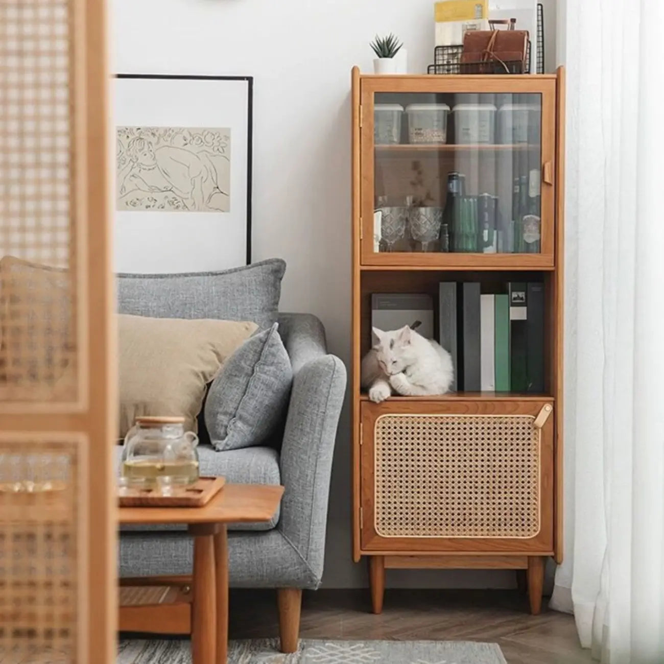 Armoire utilitaire polyvalente à 3 niveaux en bois de cerisier naturel, verre et rotin