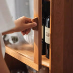 Armoire utilitaire polyvalente à 3 niveaux en bois de cerisier naturel, verre et rotin