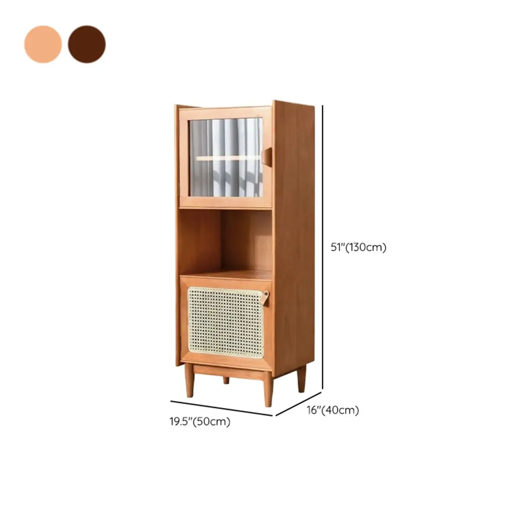 Armoire utilitaire polyvalente à 3 niveaux en bois de cerisier naturel, verre et rotin