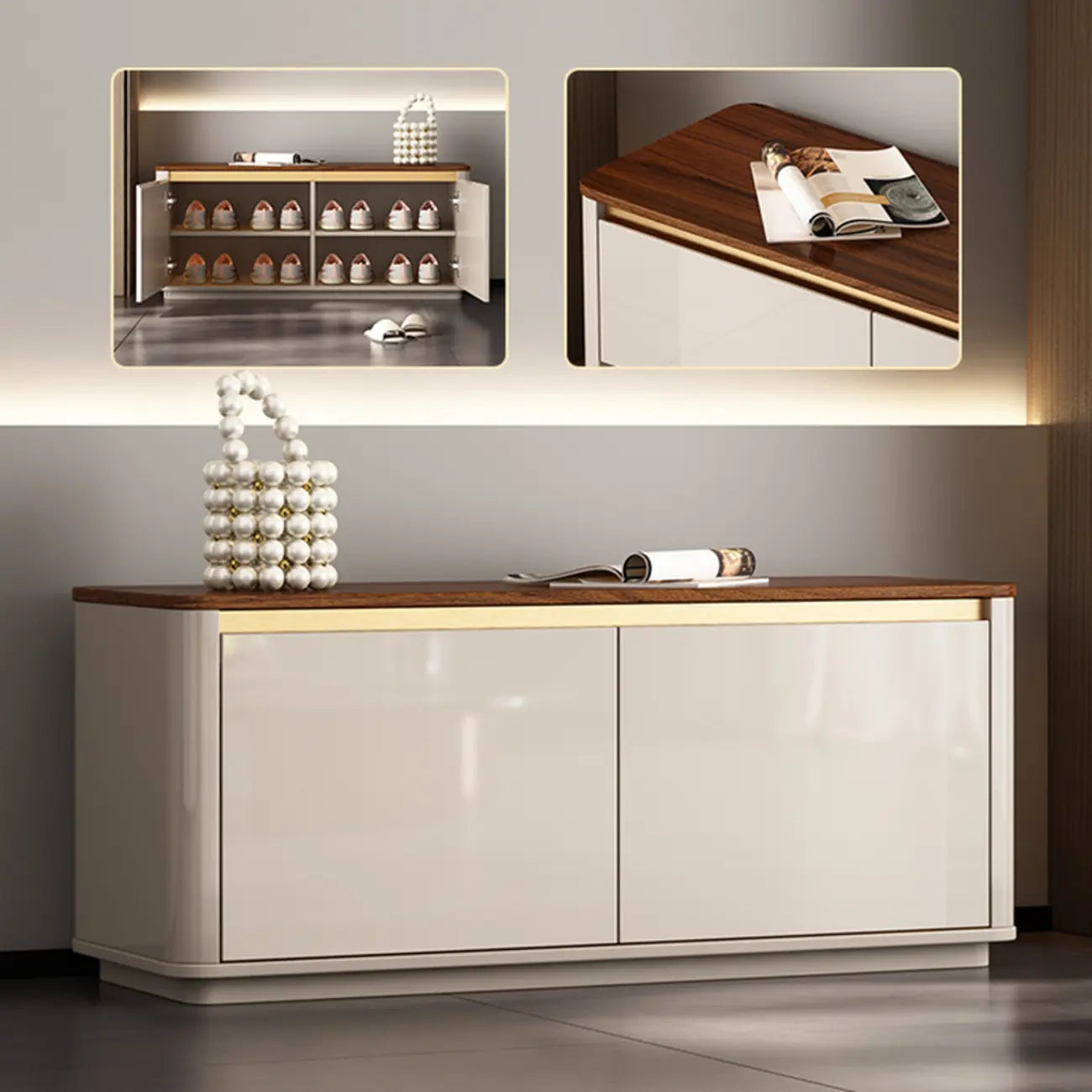 Banc d'entrée en bois marron à 2 tiroirs avec rangement pour chaussures