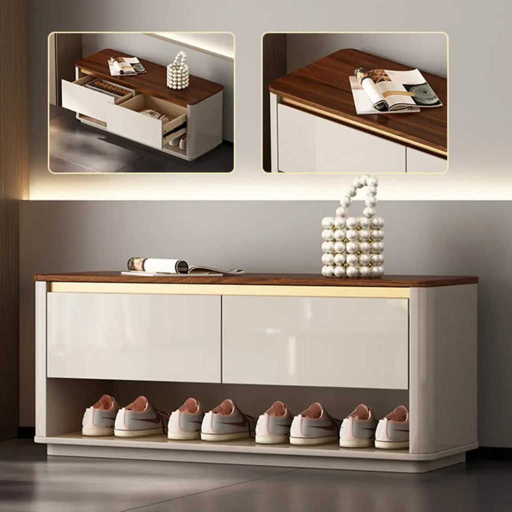 Banc d'entrée en bois marron à 2 tiroirs avec rangement pour chaussures