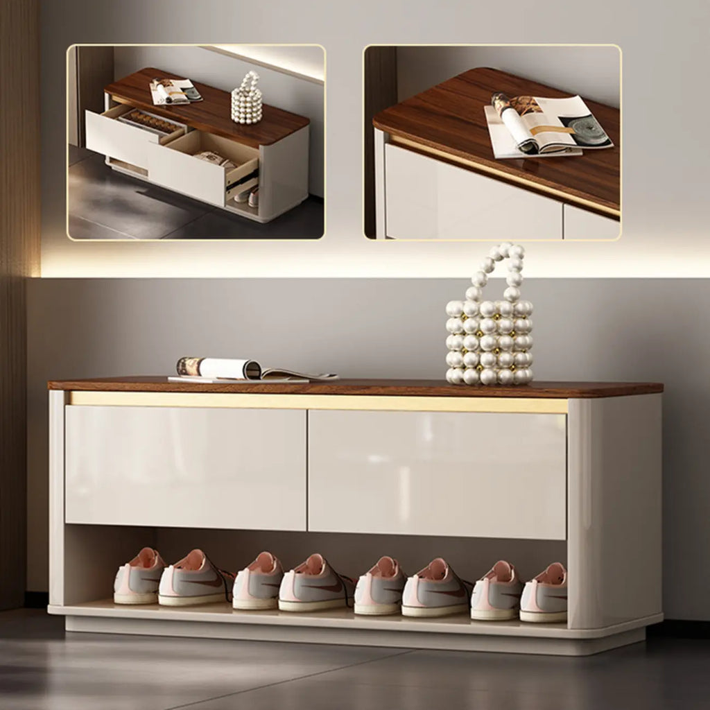 Banc d'entrée en bois marron à 2 tiroirs avec rangement pour chaussures