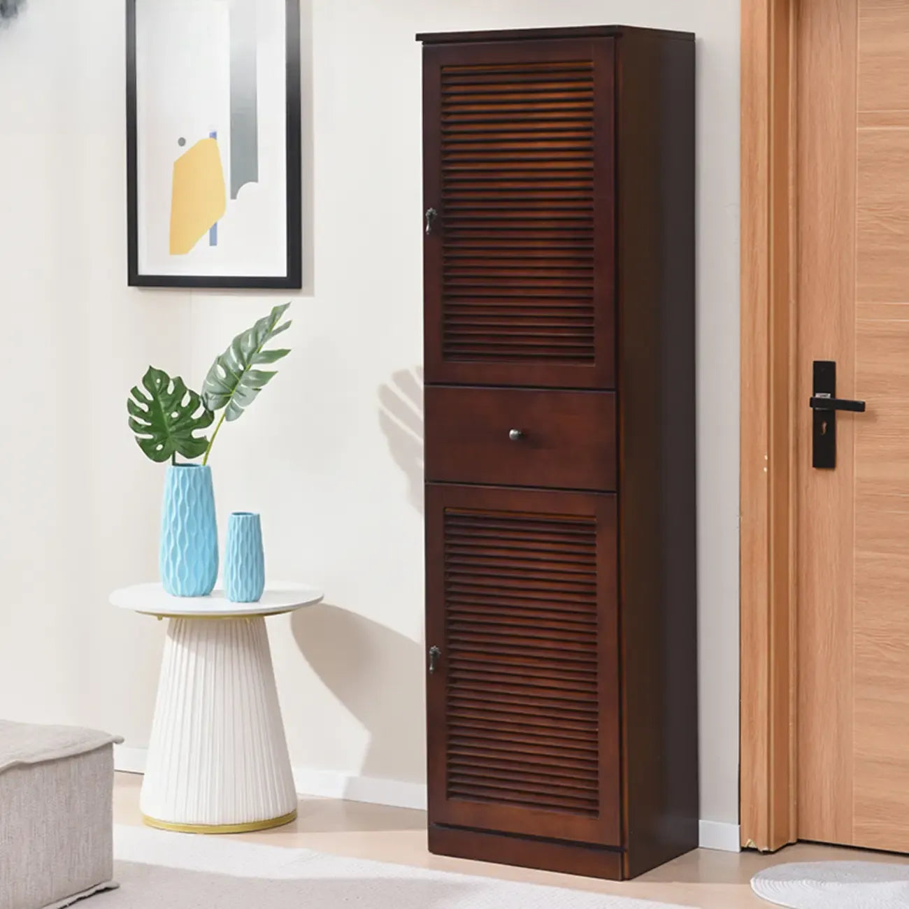 Meuble à chaussures haut de style nordique en bois massif beige pour entrée