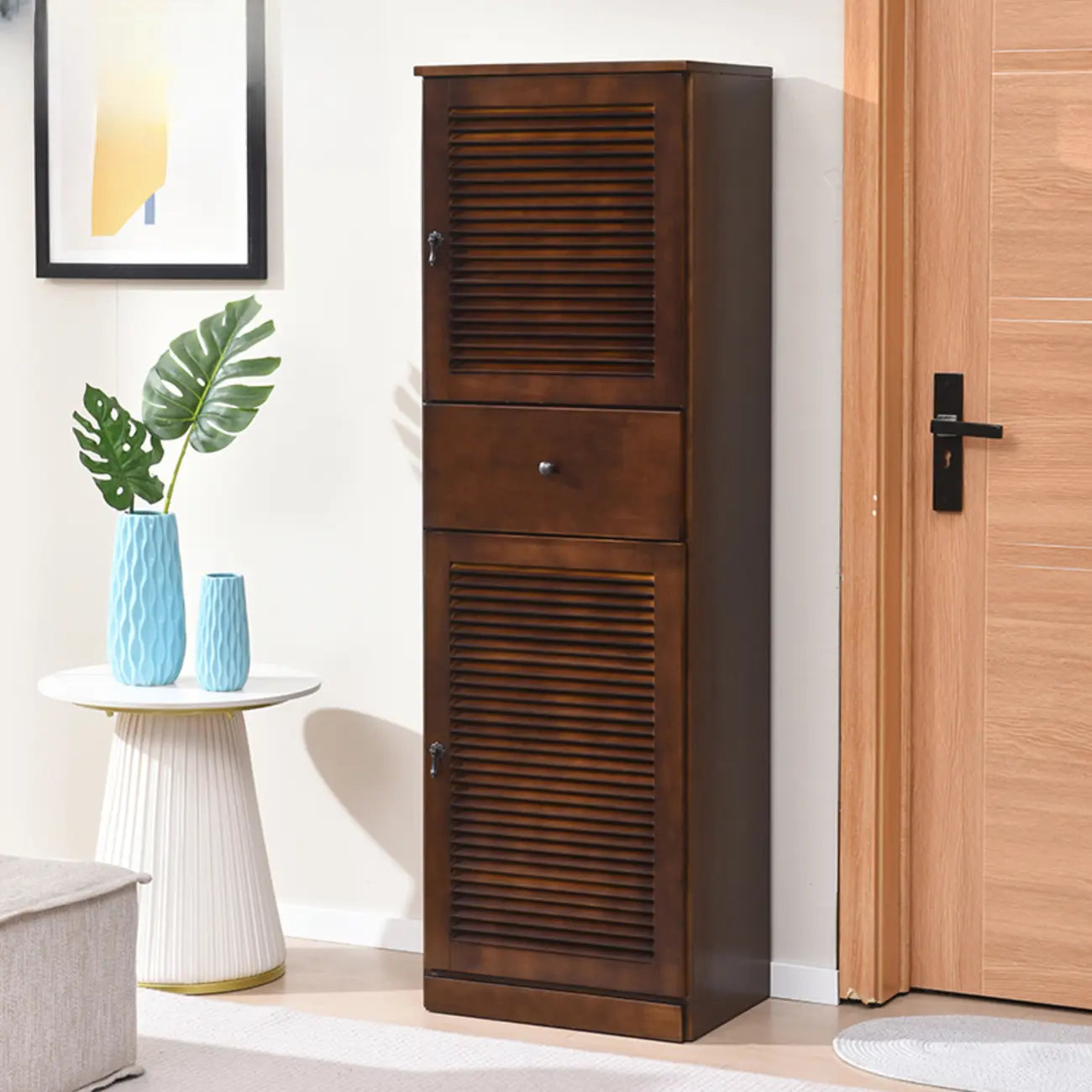 Meuble à chaussures haut de style nordique en bois massif beige pour entrée