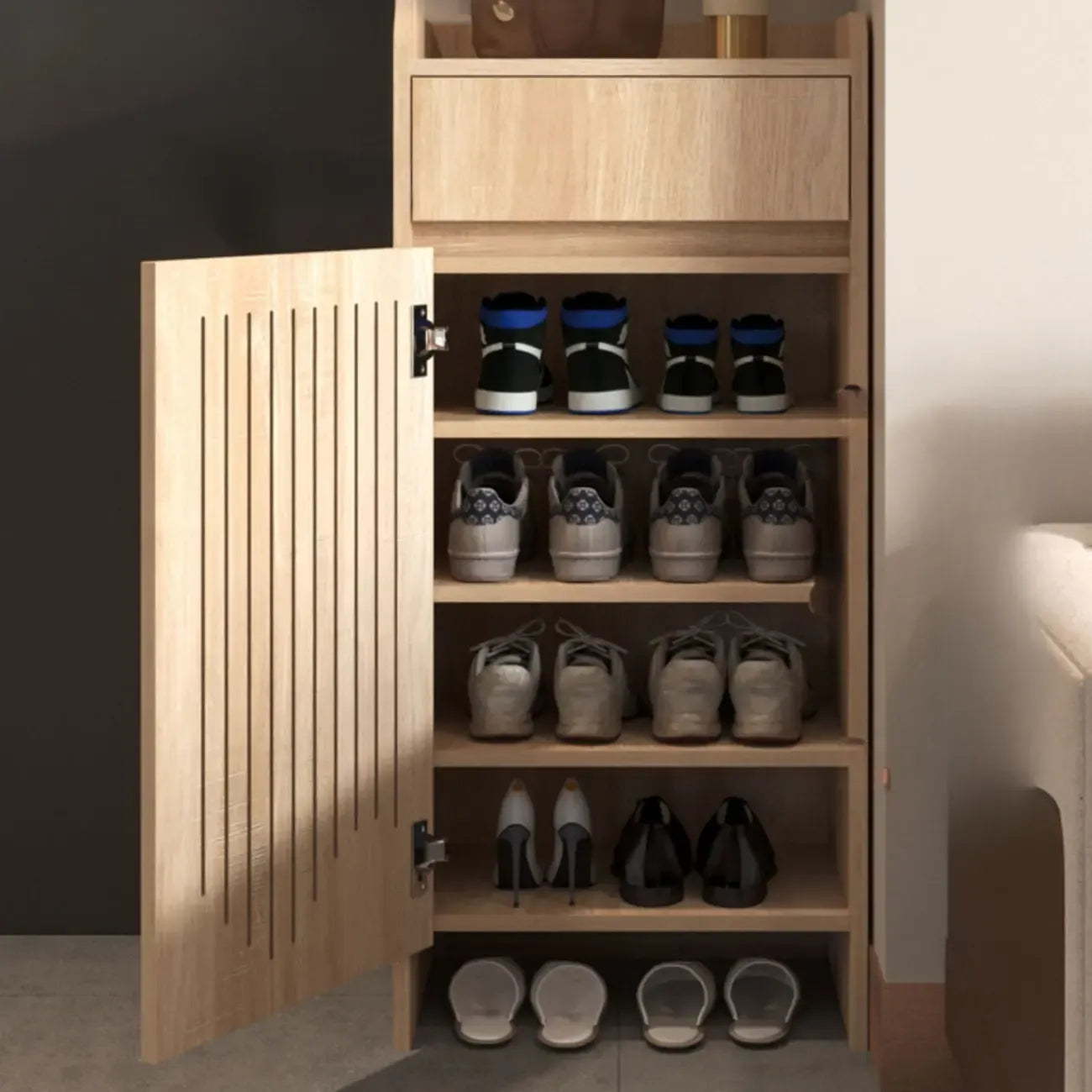 Meuble à chaussures d'entrée moderne et fin en bois beige