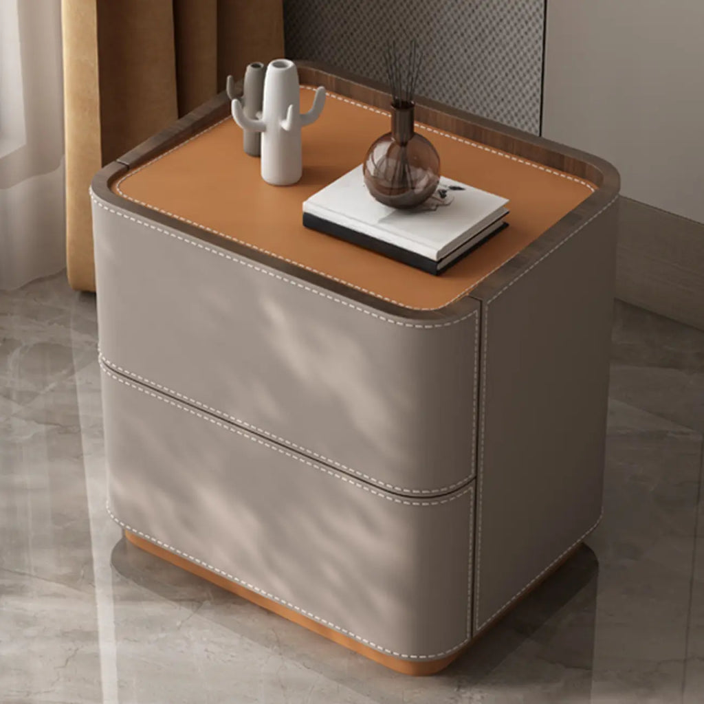 Table de chevet minimaliste en cuir marron et gris à 2 tiroirs
