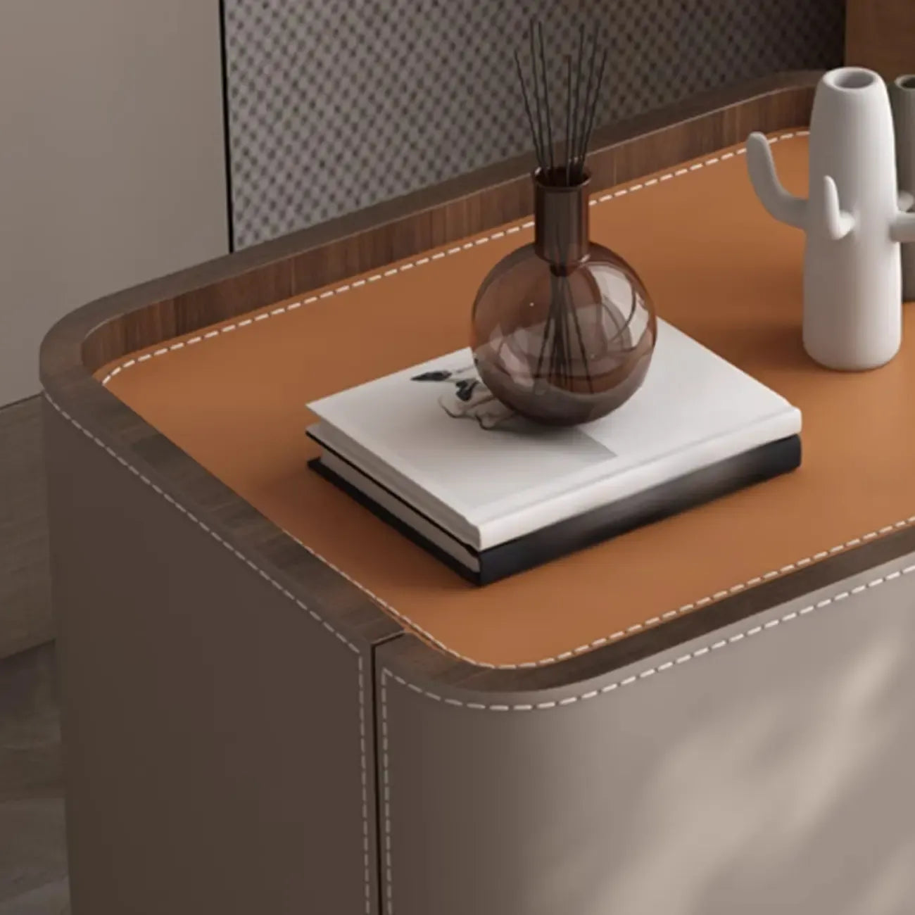 Table de chevet minimaliste en cuir marron et gris à 2 tiroirs