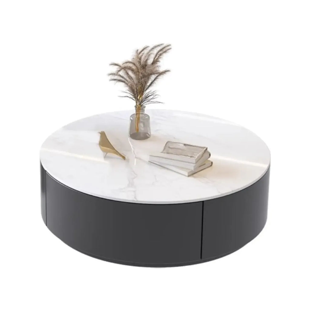 Table basse ronde en bois noir et blanc moderne et élégante avec tiroir
