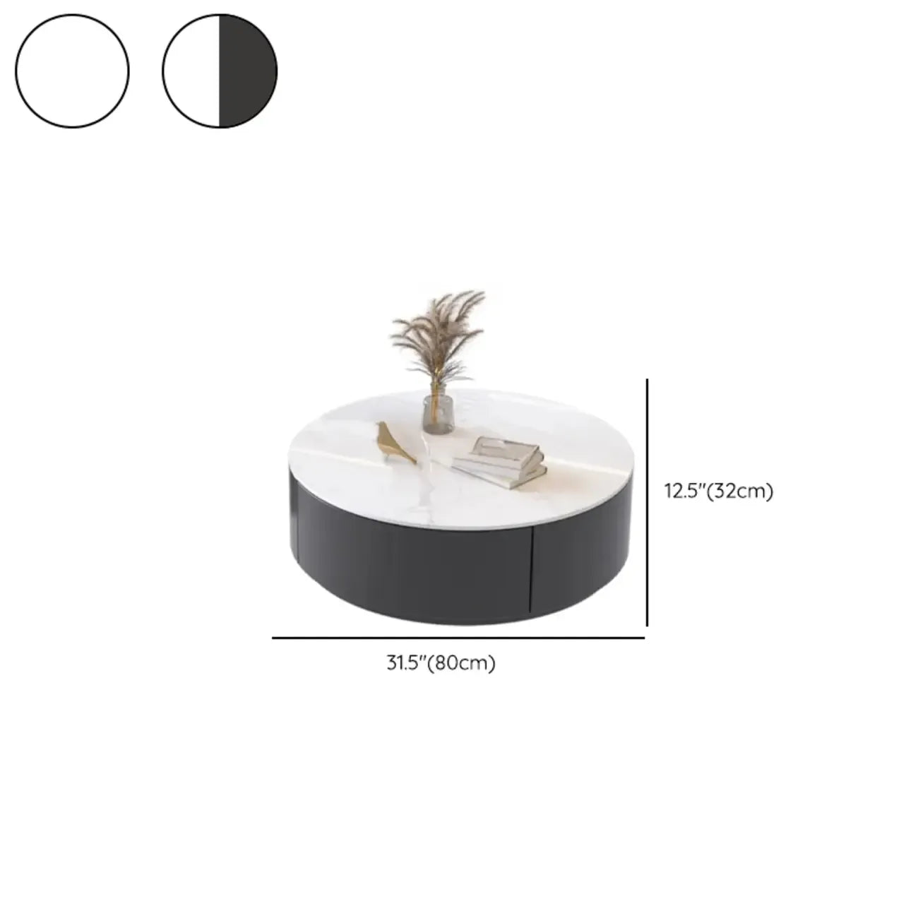 Table basse ronde en bois noir et blanc moderne et élégante avec tiroir