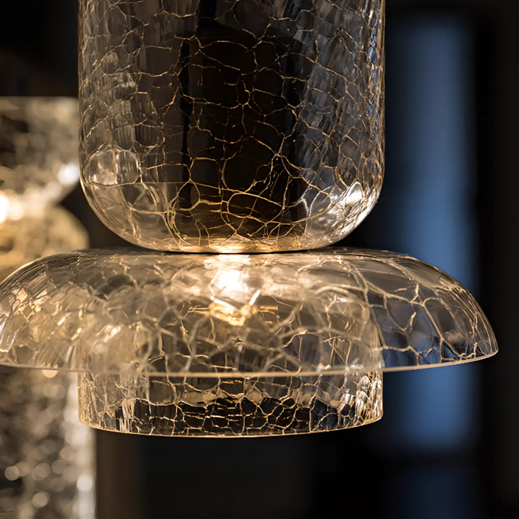 Suspension moderne en laiton et verre craquelé avec éclairage LED chaud