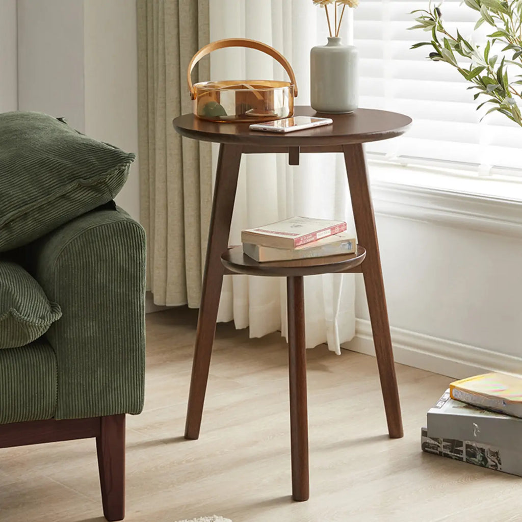 Table d'appoint ronde en bois marron avec piètement tripode et rangement