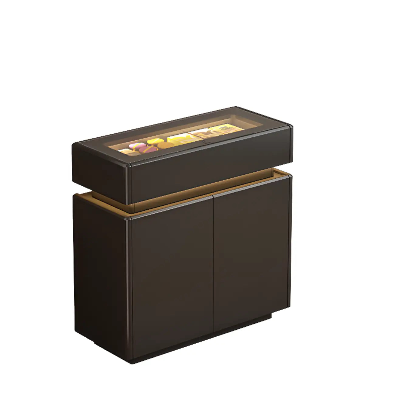 Buffet noir en bois et verre avec éclairage LED, tiroirs et étagères