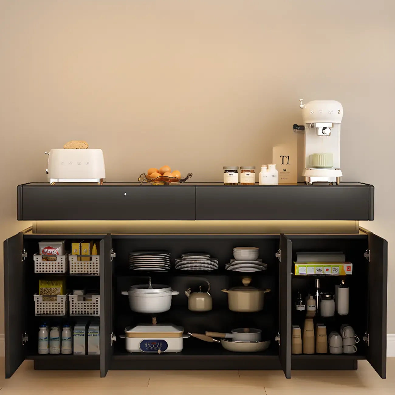 Buffet noir en bois et verre avec éclairage LED, tiroirs et étagères