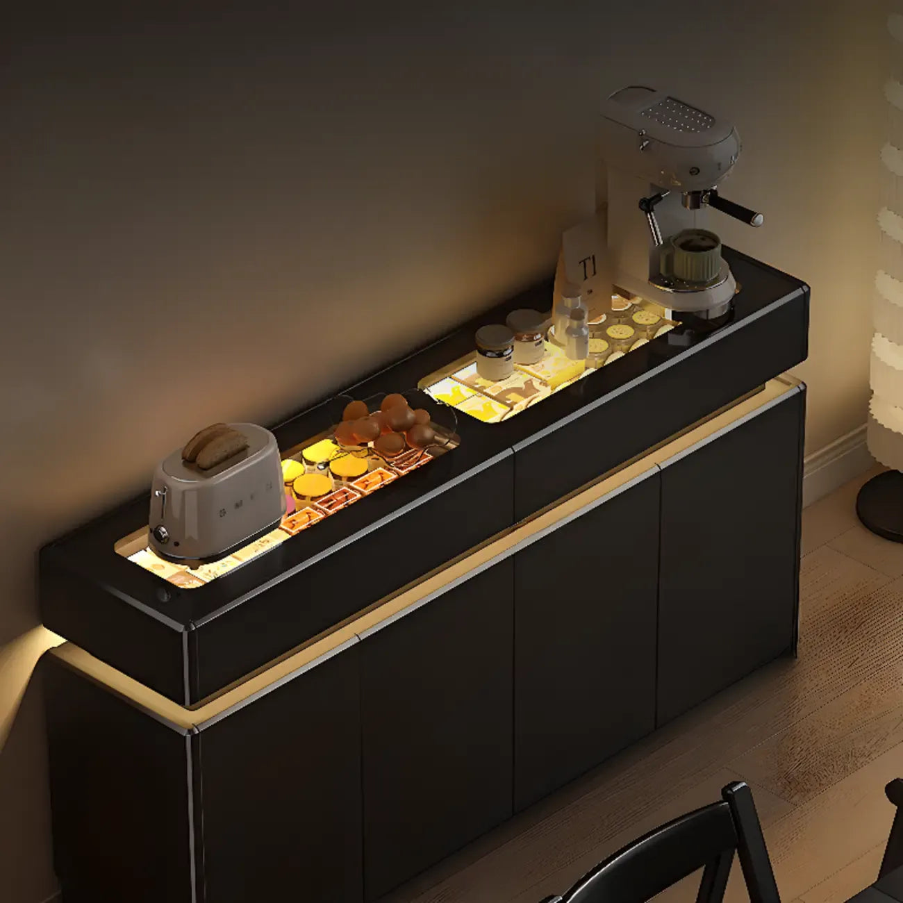 Buffet noir en bois et verre avec éclairage LED, tiroirs et étagères