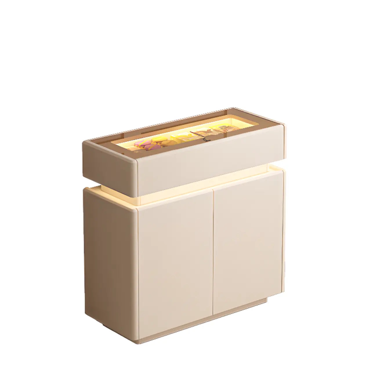 Buffet noir en bois et verre avec éclairage LED, tiroirs et étagères