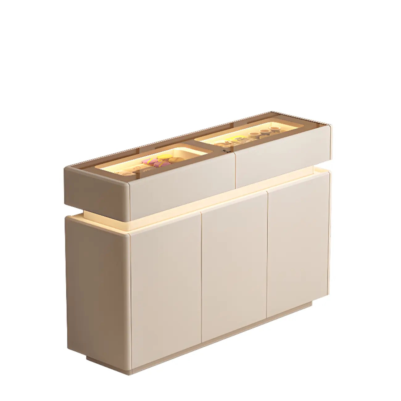 Buffet noir en bois et verre avec éclairage LED, tiroirs et étagères